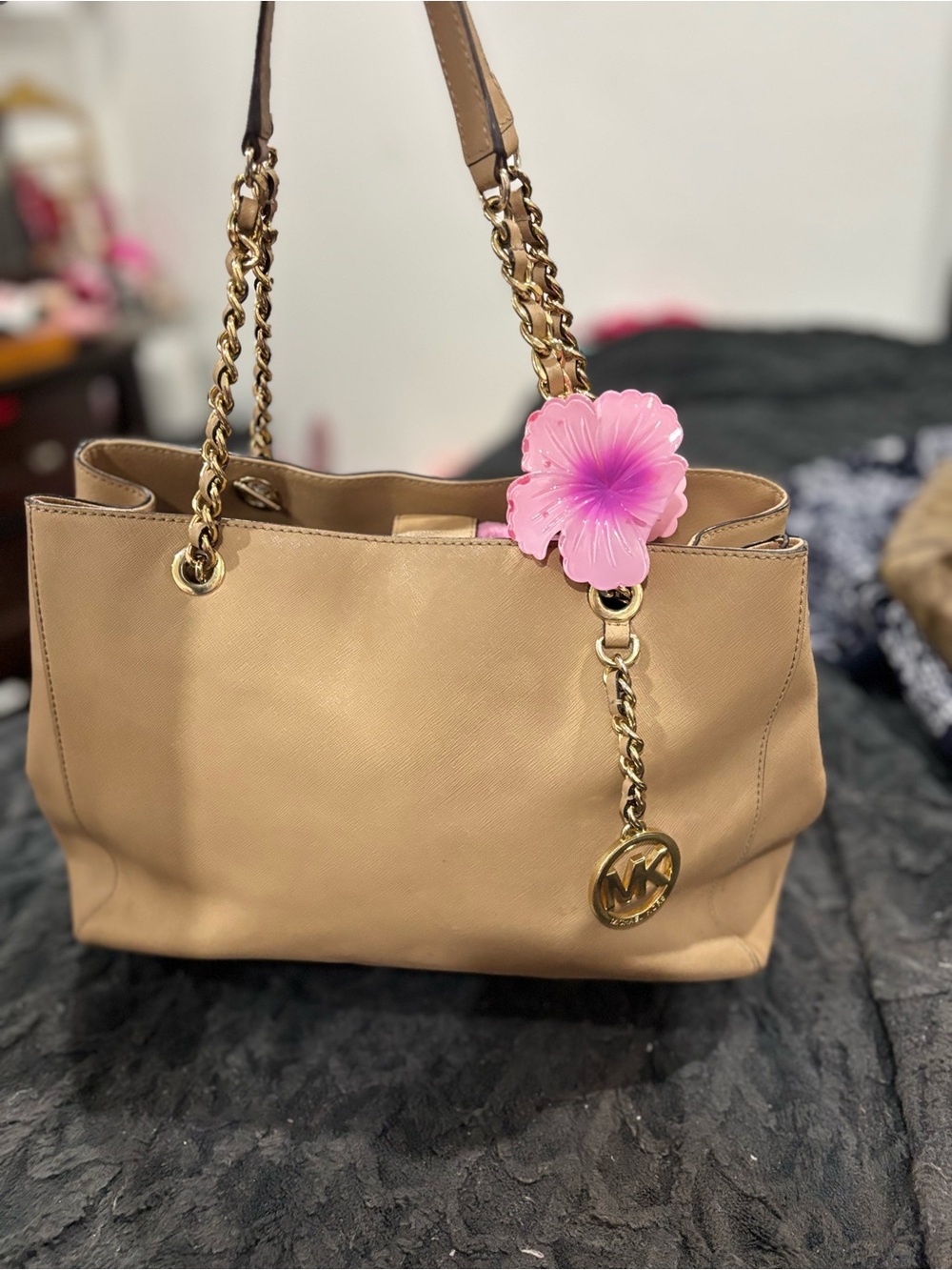Michael Kors Beige Leather Tote with Gold Chain Accents